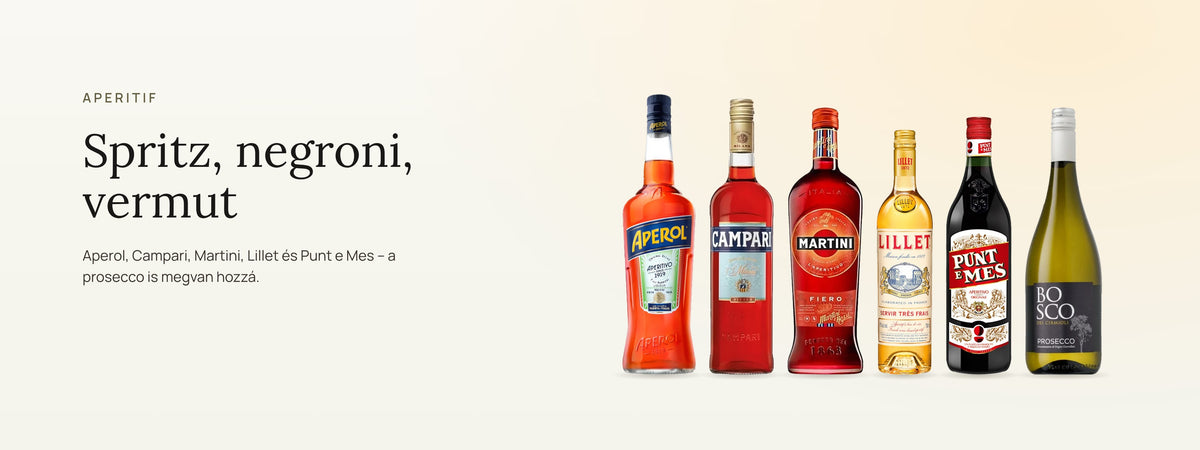Aperitif: spritz, negroni, vermut. Aperol, Campari, Martini, Lillet és Punt e Mes.