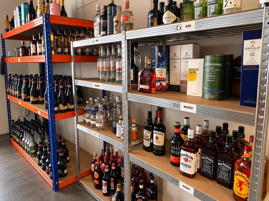 Gin, vodka és whiskey a raktárbolt polcain